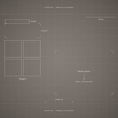 iPhone Duo Star White Lock Screen wallpaper: blueprint callouts around the landscape date, clock, widgets, and notifications.