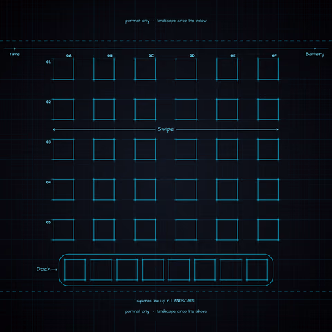Midnight Neon Home Screen wallpaper: blueprint squares laid out behind the landscape app grid and dock.