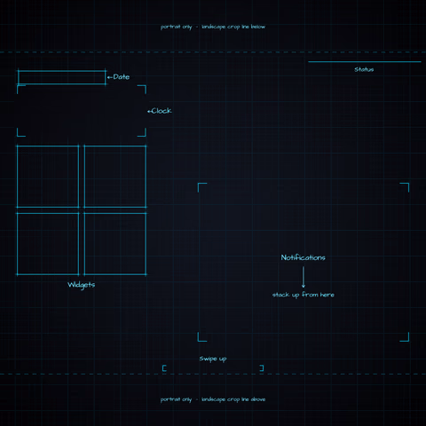 Midnight Neon Lock Screen wallpaper: blueprint callouts around the landscape date, clock, widgets, and notifications.