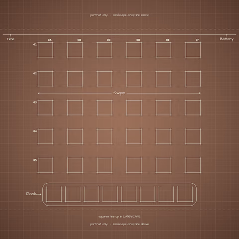 Mocha Mousse Home Screen wallpaper: blueprint squares laid out behind the landscape app grid and dock.