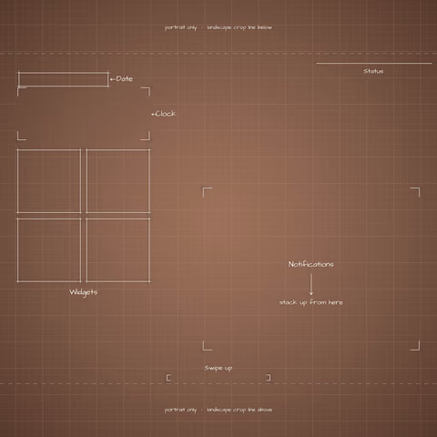 Mocha Mousse Lock Screen wallpaper: blueprint callouts around the landscape date, clock, widgets, and notifications.