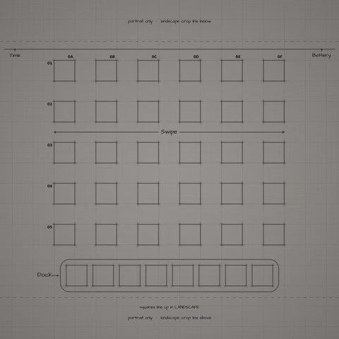 Mono Graphite Paper Home Screen wallpaper: blueprint squares laid out behind the landscape app grid and dock.