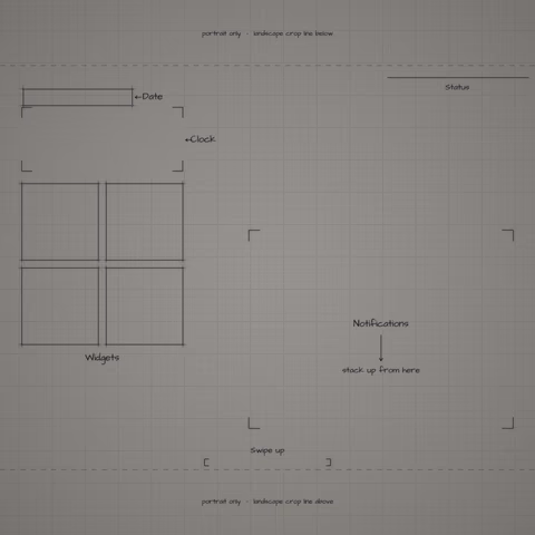 Mono Graphite Paper Lock Screen wallpaper: blueprint callouts around the landscape date, clock, widgets, and notifications.