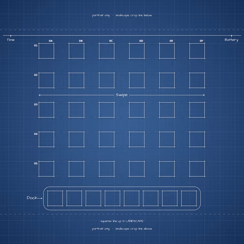 Navy Blueprint Home Screen wallpaper: blueprint squares laid out behind the landscape app grid and dock.