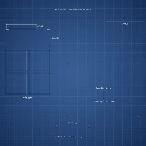 Navy Blueprint Lock Screen wallpaper: blueprint callouts around the landscape date, clock, widgets, and notifications.