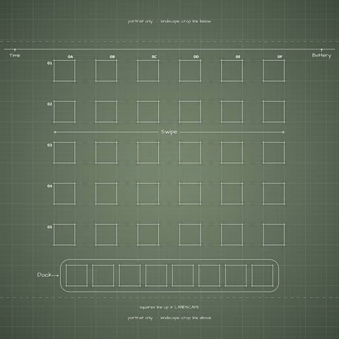 Sage Home Screen wallpaper: blueprint squares laid out behind the landscape app grid and dock.