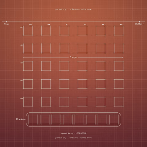 Terracotta Sunset Home Screen wallpaper: blueprint squares laid out behind the landscape app grid and dock.