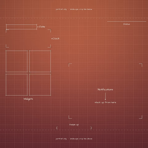 Terracotta Sunset Lock Screen wallpaper: blueprint callouts around the landscape date, clock, widgets, and notifications.