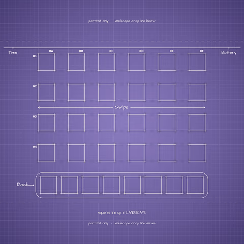 Digital Lavender Home Screen wallpaper: blueprint squares laid out behind the landscape app grid and dock.