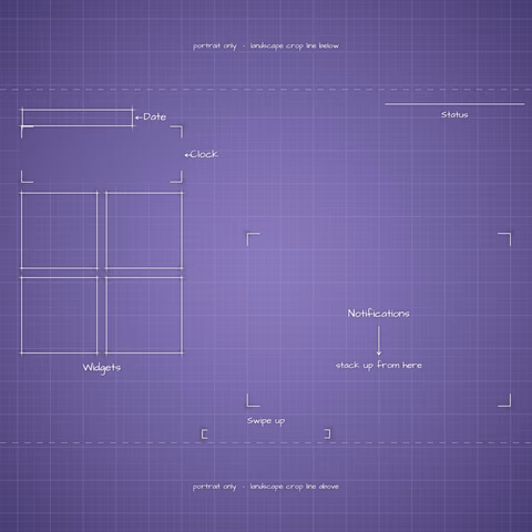 Digital Lavender Lock Screen wallpaper: blueprint callouts around the landscape date, clock, widgets, and notifications.