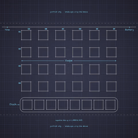 Dracula Home Screen wallpaper: blueprint squares laid out behind the landscape app grid and dock.