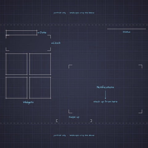 Dracula Lock Screen wallpaper: blueprint callouts around the landscape date, clock, widgets, and notifications.
