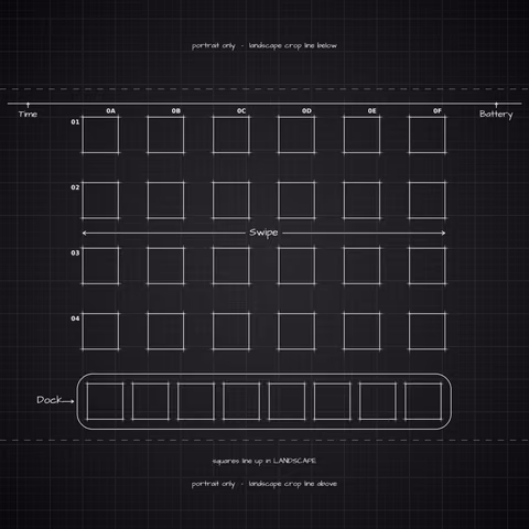 iPhone 18 Pro Black Home Screen wallpaper: blueprint squares laid out behind the landscape app grid and dock.