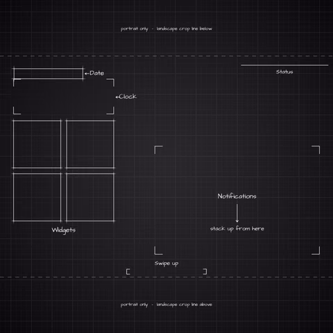 iPhone 18 Pro Black Lock Screen wallpaper: blueprint callouts around the landscape date, clock, widgets, and notifications.