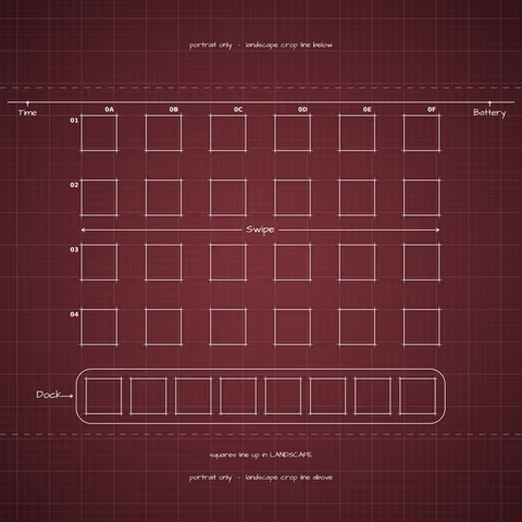 iPhone 18 Pro Burgundy Home Screen wallpaper: blueprint squares laid out behind the landscape app grid and dock.