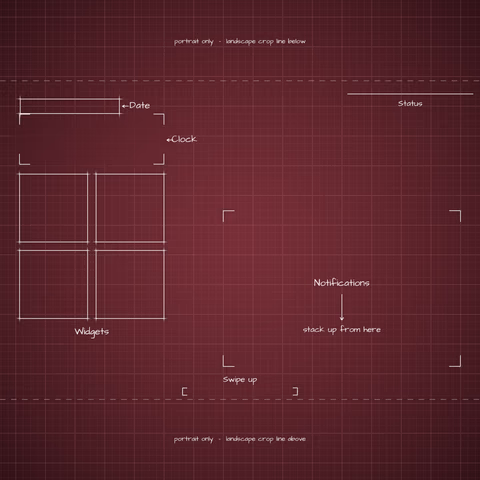 iPhone 18 Pro Burgundy Lock Screen wallpaper: blueprint callouts around the landscape date, clock, widgets, and notifications.