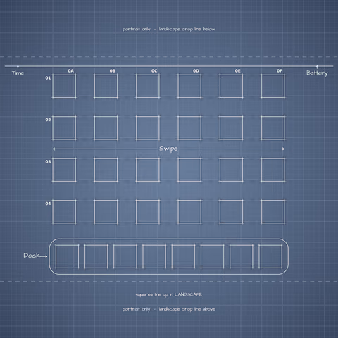 iPhone 18 Pro Glacier Home Screen wallpaper: blueprint squares laid out behind the landscape app grid and dock.