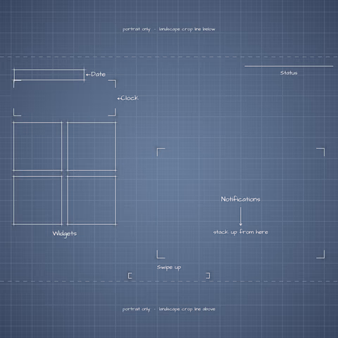 iPhone 18 Pro Glacier Lock Screen wallpaper: blueprint callouts around the landscape date, clock, widgets, and notifications.