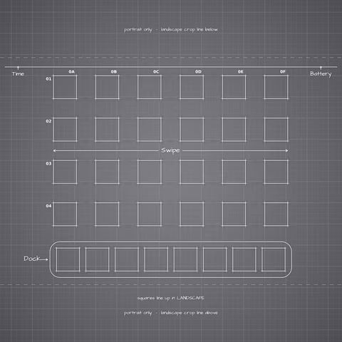 iPhone 18 Pro Silver Home Screen wallpaper: blueprint squares laid out behind the landscape app grid and dock.