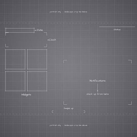 iPhone 18 Pro Silver Lock Screen wallpaper: blueprint callouts around the landscape date, clock, widgets, and notifications.
