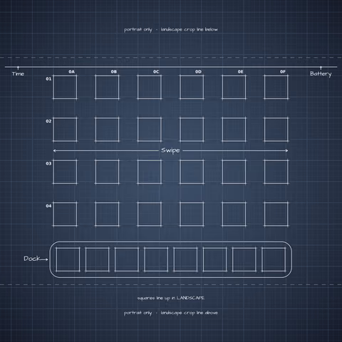 iPhone Duo Night Sky Home Screen wallpaper: blueprint squares laid out behind the landscape app grid and dock.