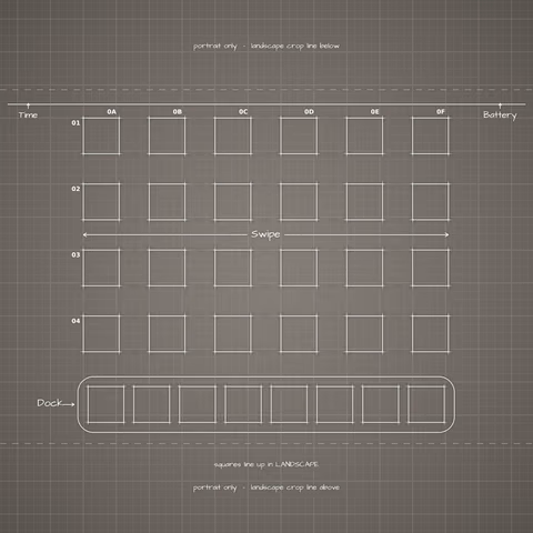 iPhone Duo Star White Home Screen wallpaper: blueprint squares laid out behind the landscape app grid and dock.