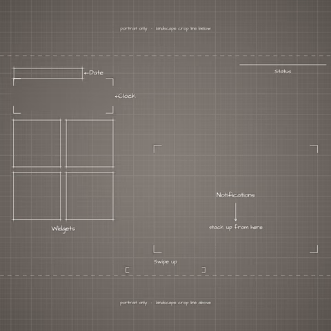 iPhone Duo Star White Lock Screen wallpaper: blueprint callouts around the landscape date, clock, widgets, and notifications.