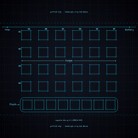 Midnight Neon Home Screen wallpaper: blueprint squares laid out behind the landscape app grid and dock.