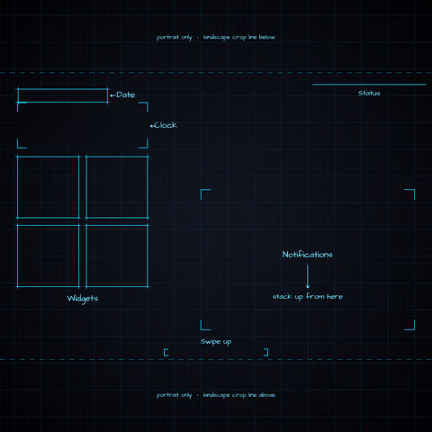 Midnight Neon Lock Screen wallpaper: blueprint callouts around the landscape date, clock, widgets, and notifications.