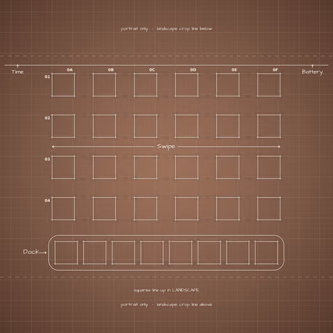 Mocha Mousse Home Screen wallpaper: blueprint squares laid out behind the landscape app grid and dock.