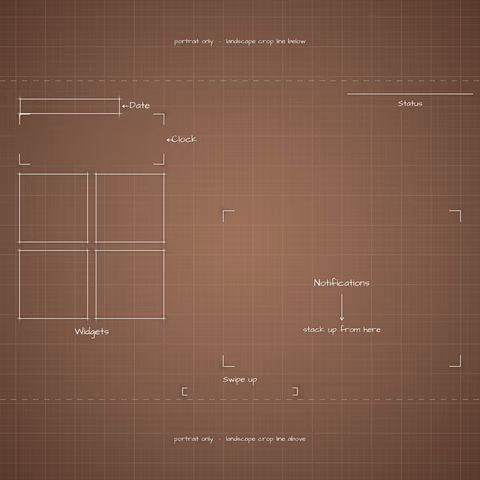 Mocha Mousse Lock Screen wallpaper: blueprint callouts around the landscape date, clock, widgets, and notifications.