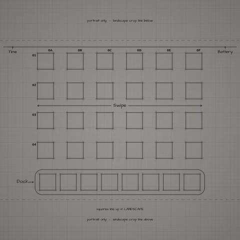 Mono Graphite Paper Home Screen wallpaper: blueprint squares laid out behind the landscape app grid and dock.