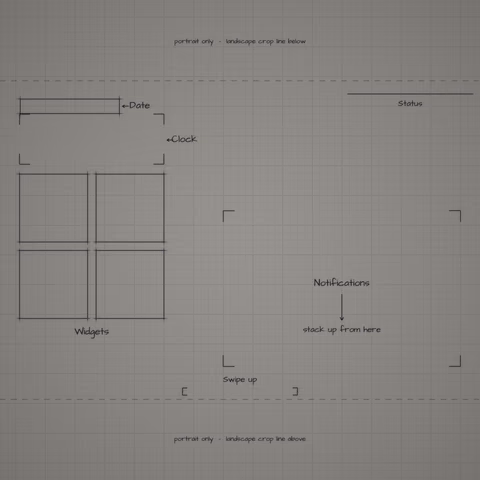 Mono Graphite Paper Lock Screen wallpaper: blueprint callouts around the landscape date, clock, widgets, and notifications.