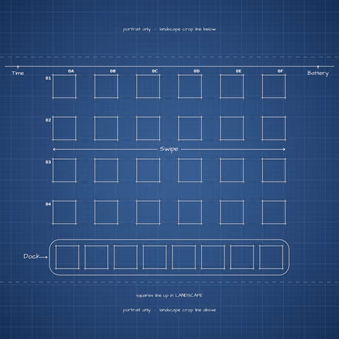 Navy Blueprint Home Screen wallpaper: blueprint squares laid out behind the landscape app grid and dock.