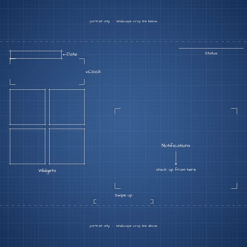 Navy Blueprint Lock Screen wallpaper: blueprint callouts around the landscape date, clock, widgets, and notifications.