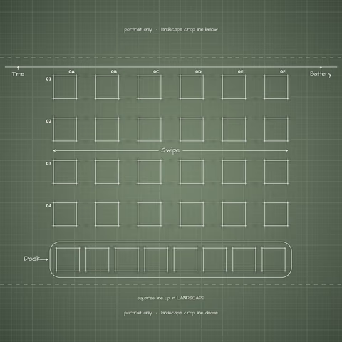 Sage Home Screen wallpaper: blueprint squares laid out behind the landscape app grid and dock.