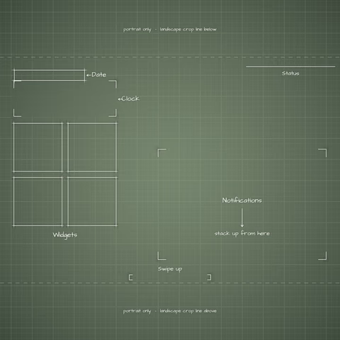 Sage Lock Screen wallpaper: blueprint callouts around the landscape date, clock, widgets, and notifications.