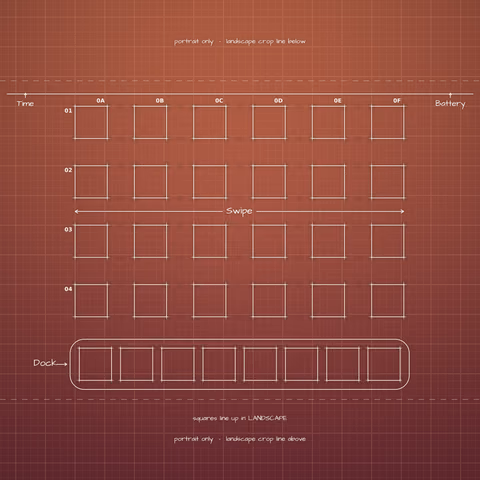 Terracotta Sunset Home Screen wallpaper: blueprint squares laid out behind the landscape app grid and dock.