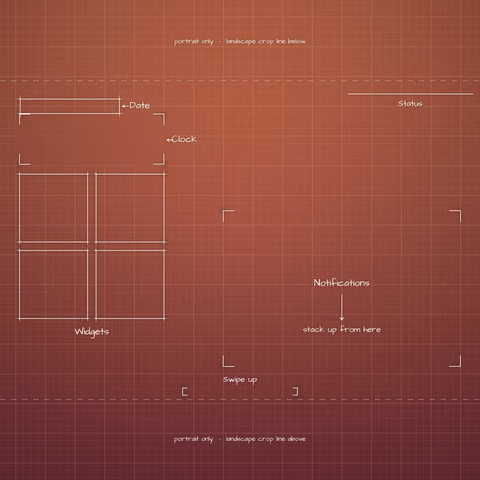 Terracotta Sunset Lock Screen wallpaper: blueprint callouts around the landscape date, clock, widgets, and notifications.