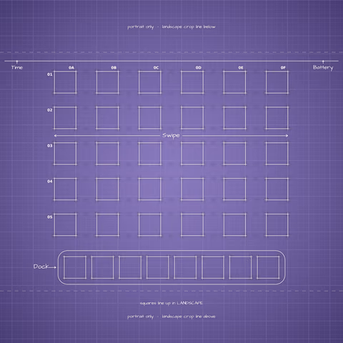 Digital Lavender Home Screen wallpaper: blueprint squares laid out behind the landscape app grid and dock.