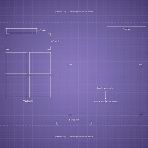 Digital Lavender Lock Screen wallpaper: blueprint callouts around the landscape date, clock, widgets, and notifications.