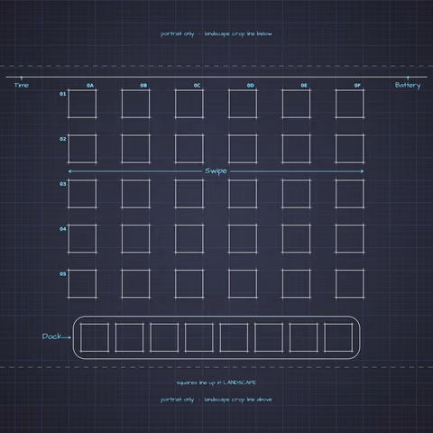 Dracula Home Screen wallpaper: blueprint squares laid out behind the landscape app grid and dock.