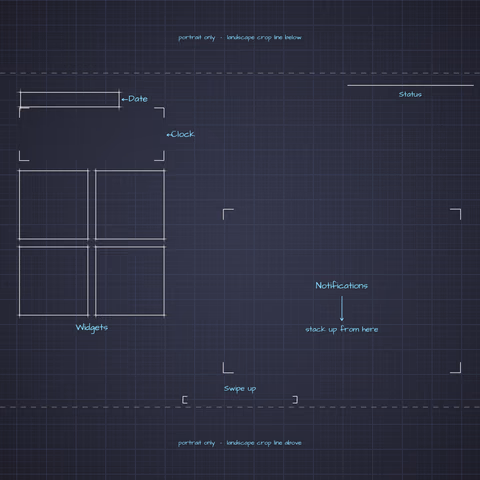 Dracula Lock Screen wallpaper: blueprint callouts around the landscape date, clock, widgets, and notifications.