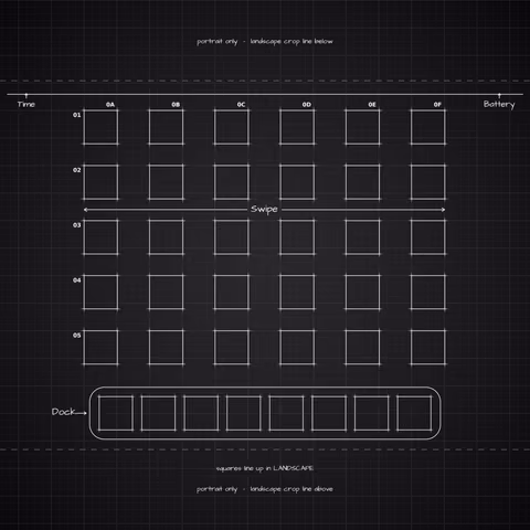 iPhone 18 Pro Black Home Screen wallpaper: blueprint squares laid out behind the landscape app grid and dock.