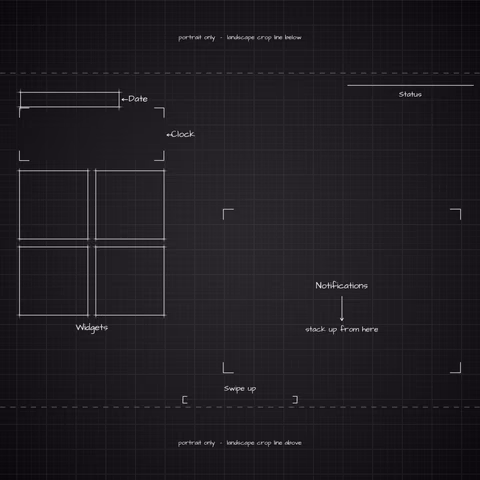 iPhone 18 Pro Black Lock Screen wallpaper: blueprint callouts around the landscape date, clock, widgets, and notifications.