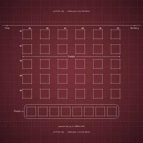 iPhone 18 Pro Burgundy Home Screen wallpaper: blueprint squares laid out behind the landscape app grid and dock.