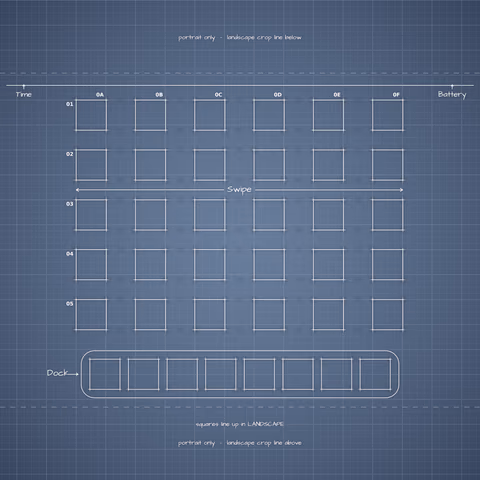iPhone 18 Pro Glacier Home Screen wallpaper: blueprint squares laid out behind the landscape app grid and dock.