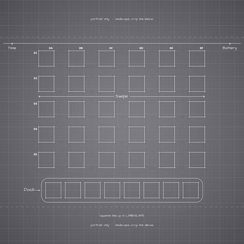 iPhone 18 Pro Silver Home Screen wallpaper: blueprint squares laid out behind the landscape app grid and dock.