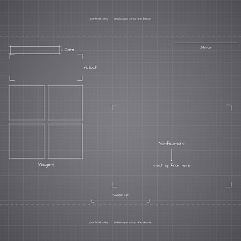 iPhone 18 Pro Silver Lock Screen wallpaper: blueprint callouts around the landscape date, clock, widgets, and notifications.