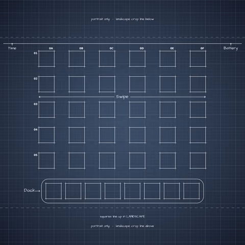 iPhone Duo Night Sky Home Screen wallpaper: blueprint squares laid out behind the landscape app grid and dock.